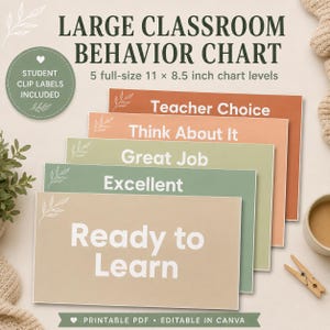 May include: A large classroom behaviour chart set featuring five 27.9 x 21.6 cm rectangular signs in muted earth tones. Each sign displays white text: Ready to Learn, Excellent, Great Job, Think About It, and Teacher Choice, with leaf line art.