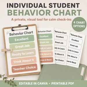 以下が含まれることがあります： 4種類の印刷可能なオプションを備えた学生用行動チャートセット。チャートには、Excellent、Great Job、Ready to Learn、Think About It、Teacher Choiceの5つの色分けされたレベルが表示されています。1つのチャートが木製のクリップボードに固定されています。