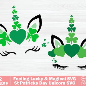 Puede incluir: Dos diseños de unicornios para el Día de San Patricio. Cada uno presenta una cara de unicornio con orejas negras, pestañas y un cuerno hecho de tréboles y corazones verdes. El texto en la parte inferior dice "Feeling Lucky & Magical SVG St Patricks Day Unicorn SVG".