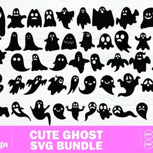 Puede incluir: Una colección de 48 siluetas de fantasmas negros con diversas expresiones y formas. El texto en la parte inferior dice 48 Design CUTE GHOST SVG BUNDLE, con iconos circulares para los formatos de archivo DXF, PNG, EPS, PDF, SVG y JPG.