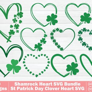 Puede incluir: Una colección de diez diseños de corazones verdes con tréboles. Los corazones varían en estilo, algunos delineados, otros rellenos y algunos adornados con racimos de tréboles. El texto en la parte inferior dice "Shamrock Heart SVG Bundle" y "St Patrick Day Clover Heart SVG".