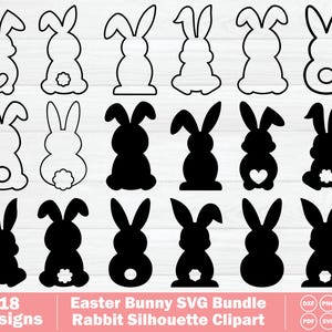 18 Easter Bunny SVG Bundle, Rabbit Silhouette Clipart, Easter Bunny Outline & Solid Shapes, Bunny Ears SVG, Commercial Use Digital Download.