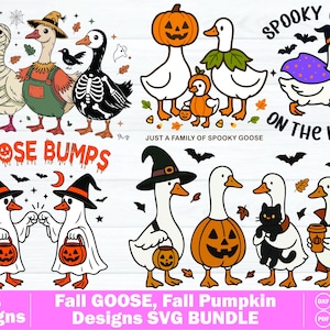 Spooky Goose SVG Bundle, Halloween Goose Bumps SVG, Fall Pumpkin Goose Clipart, Ghost Goose Cricut Files, Cute Halloween Duck PNG