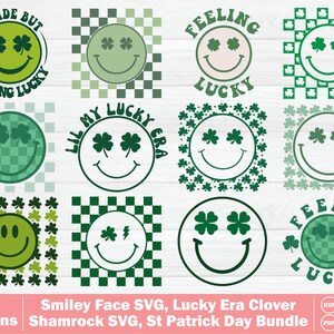 May include: A collection of 12 St. Patrick's Day designs featuring smiley faces with shamrock eyes. The designs include text such as "Feeling Lucky" and "Lil My Lucky Era". The designs are in shades of green and white.