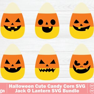 Puede incluir: Un conjunto gráfico digital que presenta seis formas de maíz dulce con varias caras negras de linternas de calabaza. Cada maíz dulce tiene una parte superior blanca, un medio naranja y una base amarilla. El texto en la parte inferior dice 06 Design Halloween Cute Candy Corn SVG Jack O Lantern SVG Bundle.