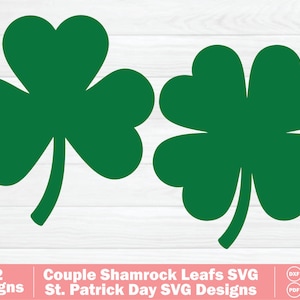 Puede incluir: Dos diseños de hojas de trébol verdes sobre un fondo blanco. Uno es un trébol de tres hojas y el otro de cuatro hojas. La imagen incluye el texto "02 Designs" y "Couple Shamrock Leafs SVG St. Patrick Day SVG Designs."