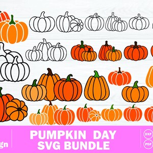 Könnte beinhalten: Eine digitale Grafiksammlung mit 18 Kürbis-Designs in verschiedenen Stilen, darunter einfarbige orangefarbene Illustrationen und schwarz-weiße Umrisszeichnungen. Das untere Banner zeigt den Text PUMPKIN DAY SVG BUNDLE sowie die Dateiformate.