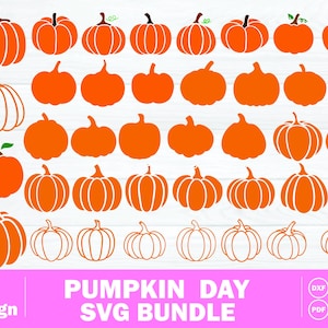 Könnte beinhalten: Eine digitale Sammlung von 39 Kürbis-Illustrationen in Orange und Weiß, mit verschiedenen massiven Silhouetten und Umrissdesigns mit Stielen und Ranken. Das untere Banner zeigt den Text 39 Design PUMPKIN DAY SVG BUNDLE DXF PNG EPS PDF SVG JPG.