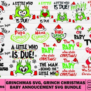 Könnte beinhalten: Eine digitale Sammlung von 19 weihnachtlichen Grafikdesigns mit grünen Händen, Weihnachtsmützen, Babyfußabdrücken und Texten wie "A Little Who Is Due", "Papa Grinch", "Mama Grinch", "Baby Grinch", "Oh Baby" und "The Baby Who Stole Christmas".
