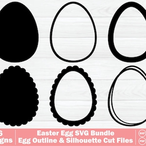 Puede incluir: Una colección de seis diseños de huevos de Pascua negros, que incluyen siluetas sólidas, contornos y bordes festoneados. La imagen incluye el texto "06 Designs" y "Easter Egg SVG Bundle" en una pancarta rosa, junto con iconos de tipo de archivo.