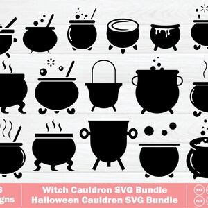 Op de afbeelding: Een verzameling van zestien zwarte silhoueticonen met diverse heksenketels met borrelende vloeistoffen, stoom en roerlepels. De tekst onderaan luidt 16 Designs Witch Cauldron SVG Bundle Halloween Cauldron SVG Bundle met bestandsformaten.