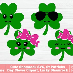 Puede incluir: Cuatro diseños de tréboles verdes con caras sonrientes. Un trébol lleva gafas de sol y dos tienen lazos rosas. La imagen incluye el texto "Cute Shamrock SVG, St Patricks Day Clover Clipart, Lucky Shamrock."