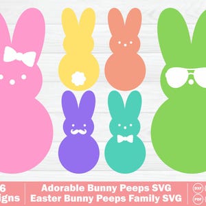 Puede incluir: Una colección de seis diseños de conejitos Peeps de colores en rosa, amarillo, naranja, verde, morado y turquesa. Cada conejito tiene características únicas, incluyendo gafas de sol, una pajarita, un lazo y un bigote. El texto en la parte inferior dice "Adorable Bunny Peeps SVG" y "Easter Bunny Peeps Family SVG."