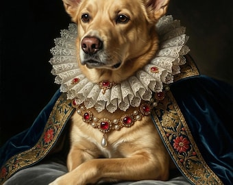 May include: A regal custom pet portrait of a golden retriever-type dog, adorned with a lace collar, jeweled necklace, and a blue velvet cloak. The image includes the text "Custom Pet Portrait" at the top.