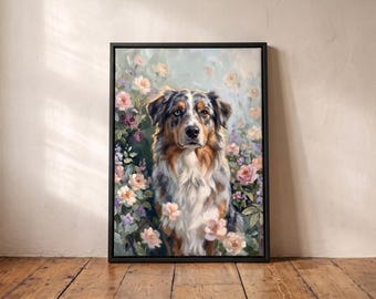 Op de afbeelding: Een ingelijste rechthoekige wandkunstprint met een Australian Shepherd met blauwe en bruine ogen, omringd door een zachte tuin van roze, witte en paarse rozen. De hond heeft een driekleurige vacht in zwart, wit en bruin.