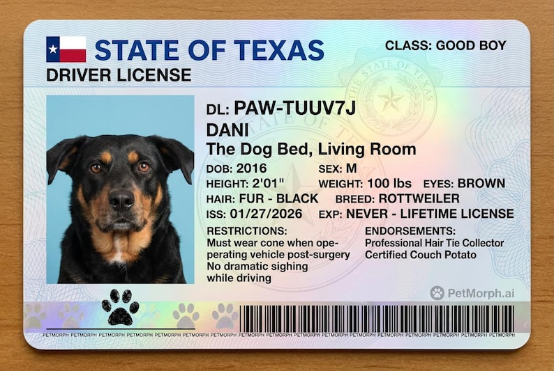 May include: A novelty Texas driver's license featuring a Rottweiler dog named Dani. The license includes details like height 2'01", weight 100 lbs, and a lifetime expiration. Endorsements include "Professional Hair Tie Collector".
