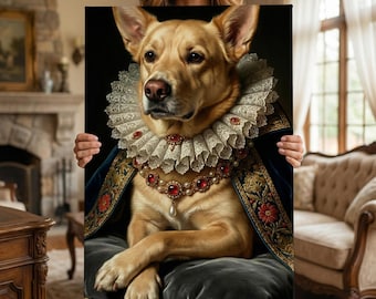 Op de afbeelding: Een canvas print met een koninklijk hondenportret. De hond draagt een kanten kraag met ruches, een ketting met rode edelstenen en een blauwe en gouden geborduurde mantel. De hond zit op een fluwelen kussen.
