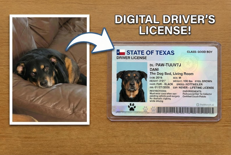 May include: A digital driver's license from the State of Texas for a dog named Dani. The license includes a photo of the dog, details like height (2'01"), weight (100 lbs), and breed (Rottweiler). The license also has the text "DIGITAL DRIVER'S LICENSE!"