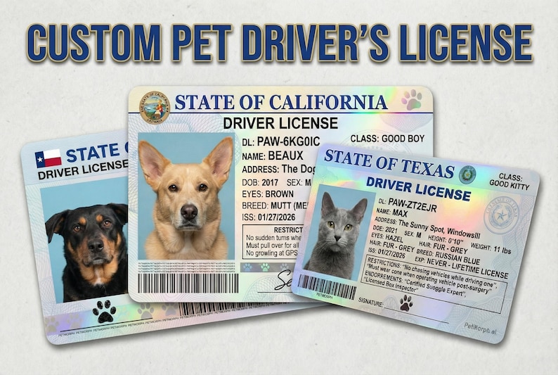 May include: Custom pet driver's licenses featuring photos of dogs and a cat. The licenses are from the states of California and Texas. The text on the licenses includes the pet's name, breed, and restrictions.