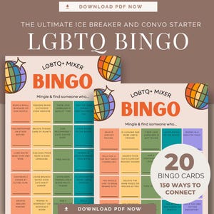 May include: LGBTQ+ Bingo game cards with colourful squares and text. The cards feature phrases like "Enjoys jewellery making" and "Loves going to the beach." The title reads "The Ultimate Ice Breaker and Convo Starter."