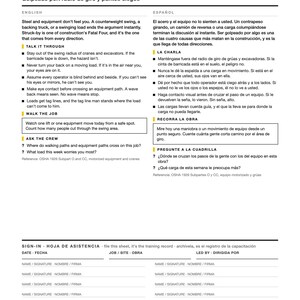 Bilingual Struck By Toolbox Talk English Spanish | Charla de Seguridad | Swing Radius Safety Meeting PDF with Sign In Sheet image 2
