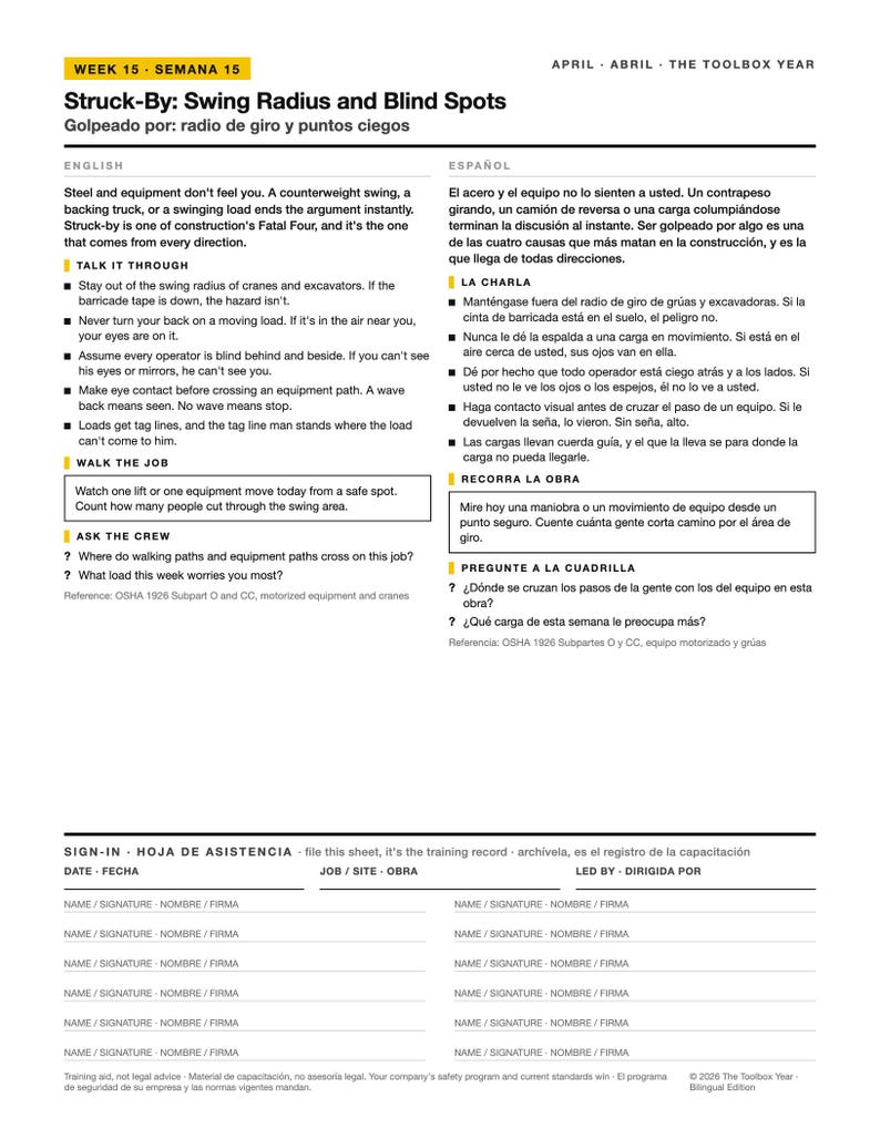 Bilingual Struck By Toolbox Talk English Spanish | Charla de Seguridad | Swing Radius Safety Meeting PDF with Sign In Sheet image 2