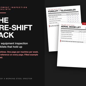 May include: A black informational graphic titled The Pre-Shift Pack Equipment Inspection Checklists. It displays two white paper forms for forklift, telehandler, and aerial boom lift inspections with grids for daily checks and OSHA references.