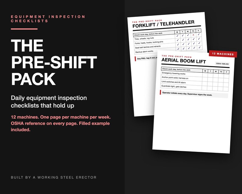 May include: A black informational graphic titled The Pre-Shift Pack Equipment Inspection Checklists. It displays two white paper forms for forklift, telehandler, and aerial boom lift inspections with grids for daily checks and OSHA references.