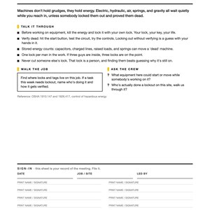 May include: A white informational safety document titled Week 42 October The Toolbox Year Lockout Basics: Dead Means Verified. It includes bulleted instructions for equipment lockout procedures, a sign-in section for date, job site, and signatures.