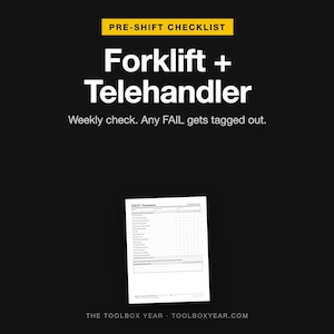 May include: A black digital graphic featuring the text PRE-SHIFT CHECKLIST, Forklift + Telehandler, and Weekly check. Any FAIL gets tagged out. Below the text is a white document showing a pre-shift inspection form for industrial equipment.