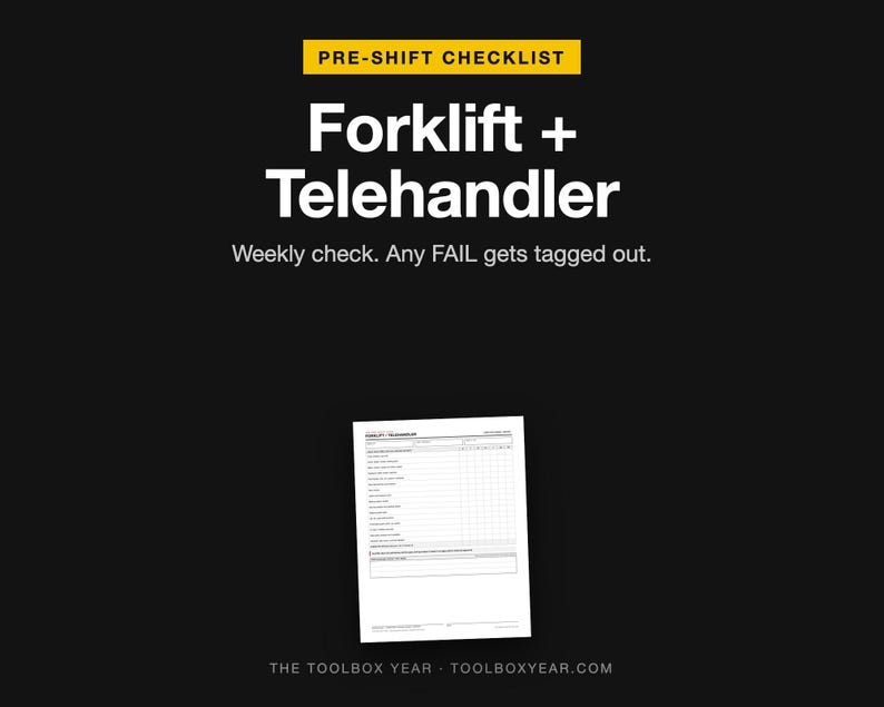 May include: A black digital graphic featuring the text PRE-SHIFT CHECKLIST, Forklift + Telehandler, and Weekly check. Any FAIL gets tagged out. Below the text is a white document showing a pre-shift inspection form for industrial equipment.