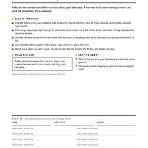 K&ouml;nnte beinhalten: Ein wei&szlig;es Informationsdokument mit dem Titel Week 10 Harness Fit and Inspection. Es enth&auml;lt Sicherheitsrichtlinien f&uuml;r Bauausr&uuml;stung, Abschnitte f&uuml;r Talk It Through, Walk The Job, Ask The Crew sowie eine Anwesenheitsliste f&uuml;r Datum, Job und Unterschriften.