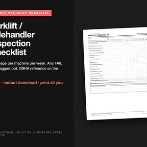May include: A white paper document titled Forklift / Telehandler Inspection Checklist with a grid for daily entries, including rows for tires, forks, chains, brakes, and steering, plus a section for notes at the bottom of the page.