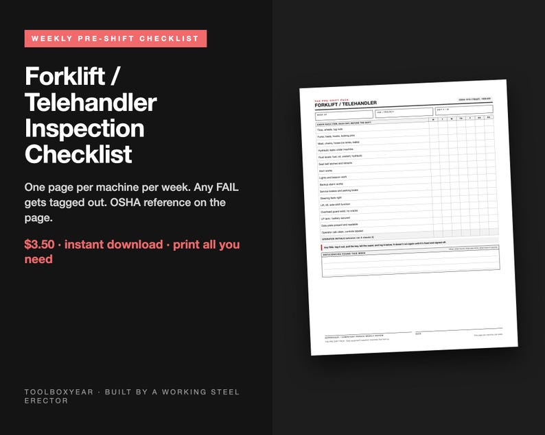 May include: A white paper document titled Forklift / Telehandler Inspection Checklist with a grid for daily entries, including rows for tires, forks, chains, brakes, and steering, plus a section for notes at the bottom of the page.