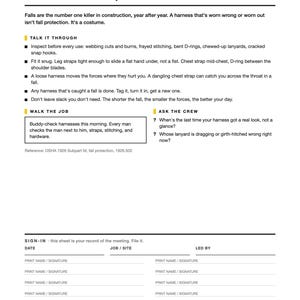 May include: A white informational document titled Week 10 Harness Fit and Inspection, featuring safety guidelines for construction equipment, including sections for Talk It Through, Walk The Job, Ask The Crew, and a sign-in sheet for meeting records.