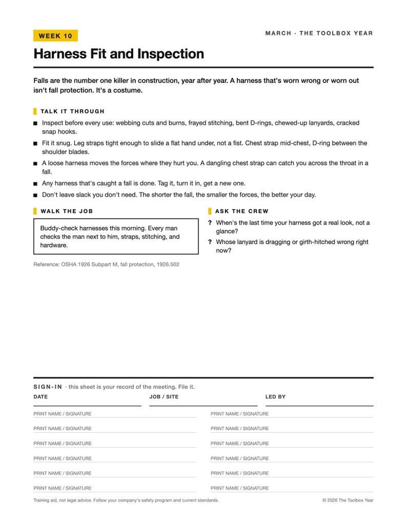May include: A white informational document titled Week 10 Harness Fit and Inspection, featuring safety guidelines for construction equipment, including sections for Talk It Through, Walk The Job, Ask The Crew, and a sign-in sheet for meeting records.