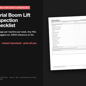 May include: A white paper Aerial Boom Lift Inspection Checklist form with black text and a grid for daily entries. The document includes sections for machine details, safety checks, and a space for notes at the bottom, presented on a dark background.