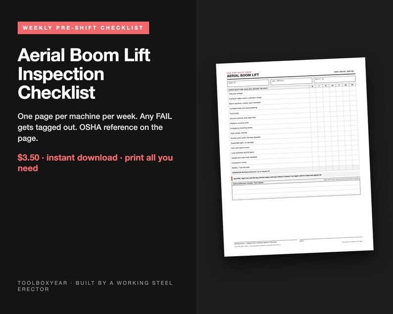 May include: A white paper Aerial Boom Lift Inspection Checklist form with black text and a grid for daily entries. The document includes sections for machine details, safety checks, and a space for notes at the bottom, presented on a dark background.