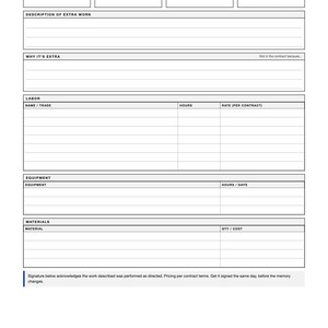 May include: A white paper Extra Work Ticket form with black text and lines. It includes sections for date, project, ticket number, directed by, description of extra work, labor, equipment, materials, and signature lines for foreman and owner rep.