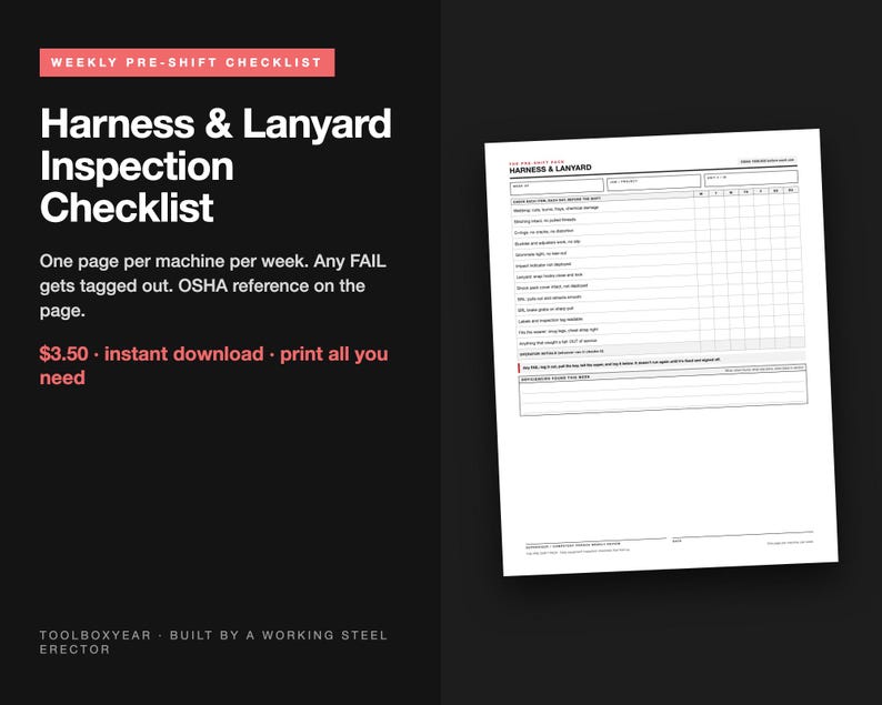 May include: A white paper document titled Harness & Lanyard Inspection Checklist with a grid for weekly safety checks. The form includes sections for machine identification, date, and specific inspection criteria for equipment integrity and safety.