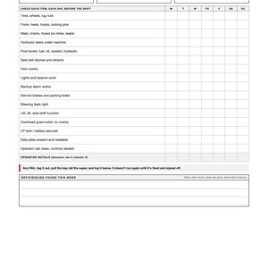 May include: A white paper forklift and telehandler pre-shift inspection checklist form. The document includes fields for week, project, and unit ID, with a grid for daily checks of tires, forks, mast, hydraulics, brakes, and other safety components.