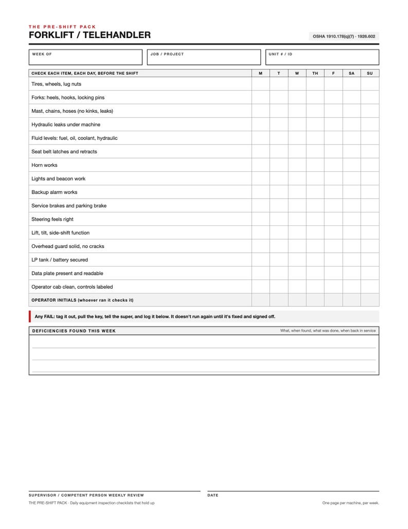 May include: A white paper forklift and telehandler pre-shift inspection checklist form. The document includes fields for week, project, and unit ID, with a grid for daily checks of tires, forks, mast, hydraulics, brakes, and other safety components.