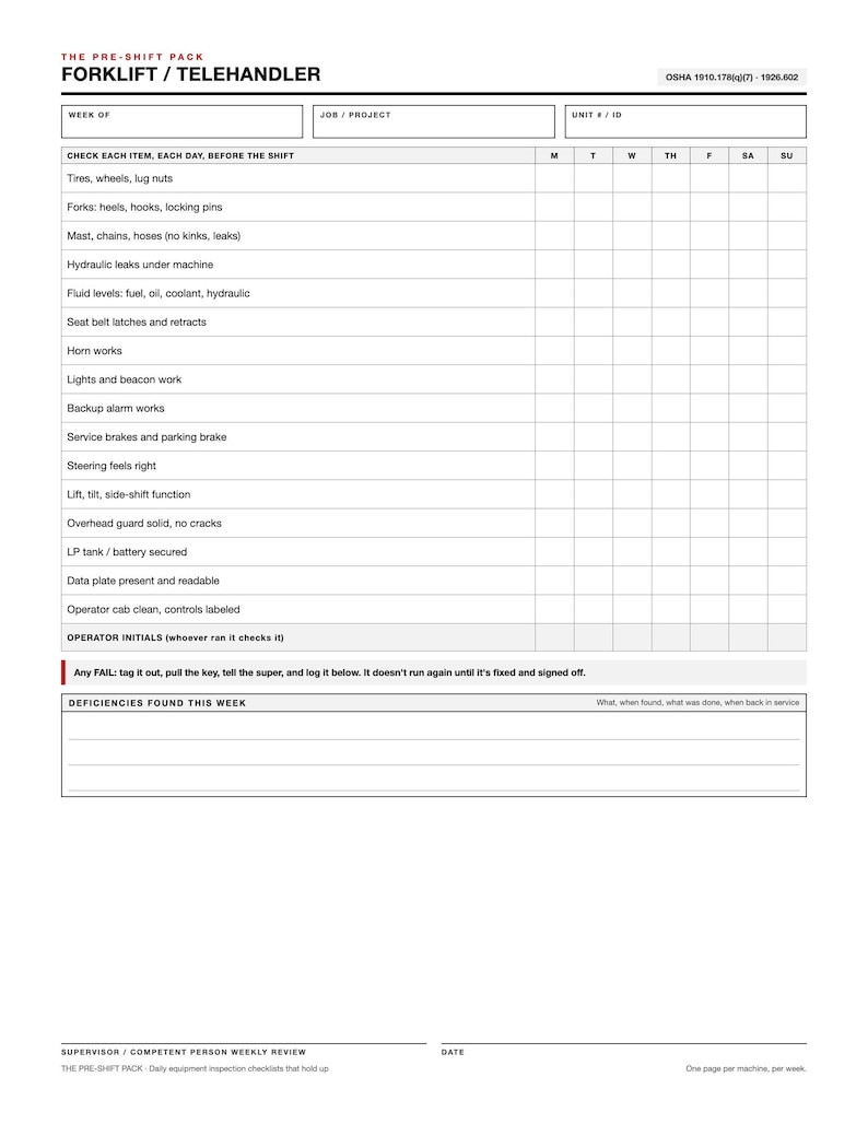 May include: A white paper forklift and telehandler pre-shift inspection checklist form. The document includes fields for week, project, and unit ID, with a grid for daily checks of tires, forks, mast, hydraulics, brakes, and other safety components.