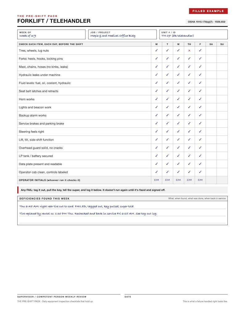 May include: A white pre-shift inspection checklist form for a forklift and telehandler. The document includes fields for the week, project, and unit ID, with a grid for daily checks and a section for documenting deficiencies found during the week.