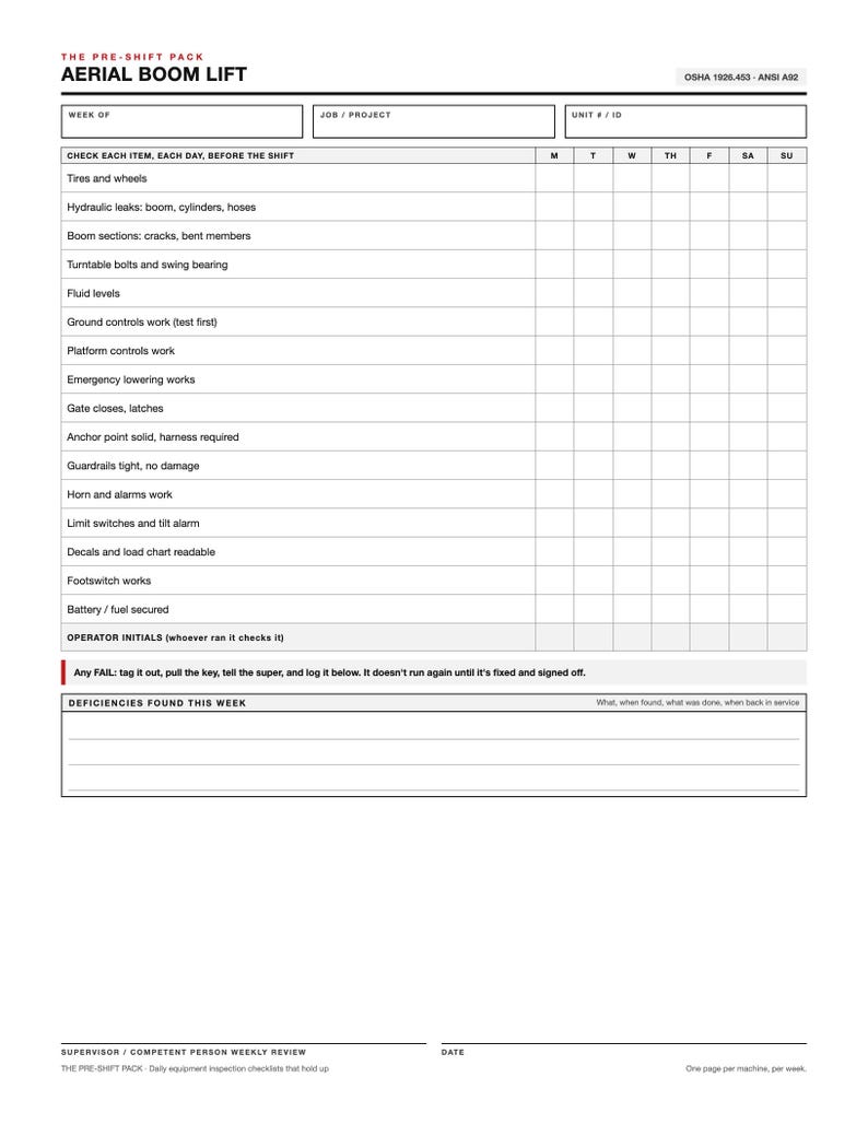 Aerial Boom Lift Inspection Checklist | Weekly Pre-Shift Safety Form (PDF Download) image 3