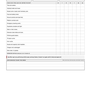 May include: A white paper inspection checklist titled THE PRE-SHIFT PACK SCISSOR LIFT with black text and grid lines. It includes fields for week, project, and unit ID, followed by a daily inspection table for safety checks and operator initials.