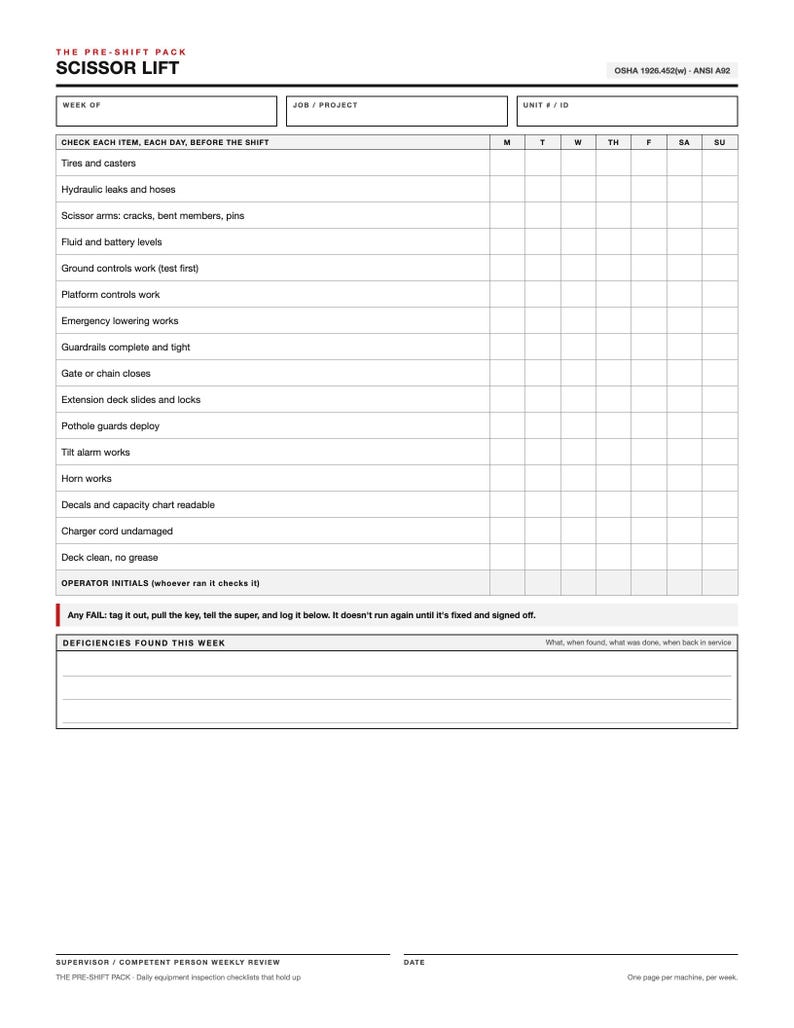 May include: A white paper inspection checklist titled THE PRE-SHIFT PACK SCISSOR LIFT with black text and grid lines. It includes fields for week, project, and unit ID, followed by a daily inspection table for safety checks and operator initials.