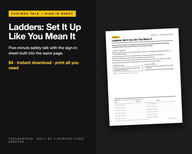 May include: A white document titled Ladders: Set It Up Like You Mean It, featuring safety talk points, inspection guidelines, and a sign-in sheet with columns for date, job site, and printed name and signature lines for workplace safety documentation.