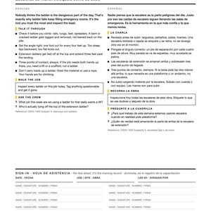 May include: A bilingual safety training sheet titled Week 05 Ladders: Set It Up Like You Mean It. The document includes instructional text in English and Spanish, safety guidelines for ladder use, and a sign-in section for names and signatures.
