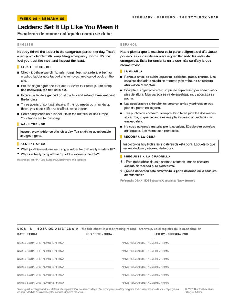 May include: A bilingual safety training sheet titled Week 05 Ladders: Set It Up Like You Mean It. The document includes instructional text in English and Spanish, safety guidelines for ladder use, and a sign-in section for names and signatures.